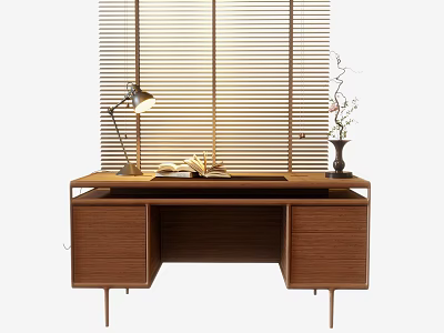 Wooden Desk with Table Lamp Open Book and Vase in Front of Window Blinds 3d model
