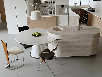 Modern Kitchen Interior With Circular Wooden Island Counter Dining Chairs And Fruit Bowl 3d model