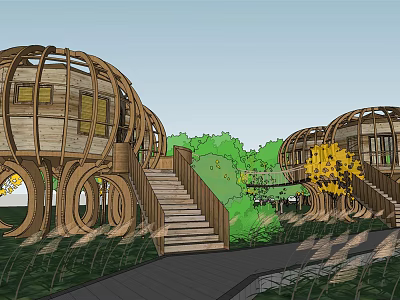 Round Wooden House with Circular Wooden Frame Structure Surrounded by Greenery and Stairs 3d model