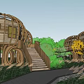 Round Wooden House with Circular Wooden Frame Structure Surrounded by Greenery and Stairs