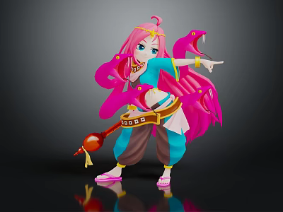 Game and Movie Character Featuring Pink Long Hair Blue Top Brown Pants Holding Musical Instrument 3d model