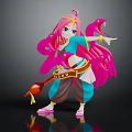 Game and Movie Character Featuring Pink Long Hair Blue Top Brown Pants Holding Musical Instrument