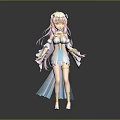 Anime Style Game Character With Pink White Long Hair Yellow Eyes And Blue White Outfit
