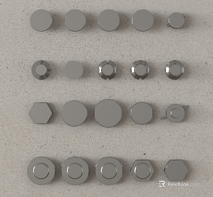 Various Silver Metal Buttons In Assorted Shapes Displayed On Light Background 3d model 