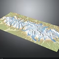3D Topographic Terrain Model With Mountain Ranges And Water Bodies