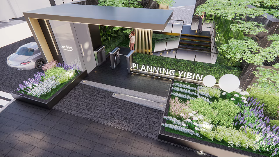 Modern Entrance Gate of Planning Yibin Project With Landscaped Greenery and Flower Beds 3d model 