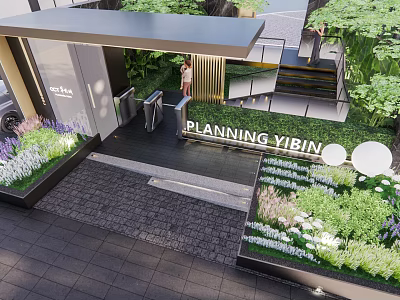 Modern Entrance Gate of Planning Yibin Project With Landscaped Greenery and Flower Beds 3d model
