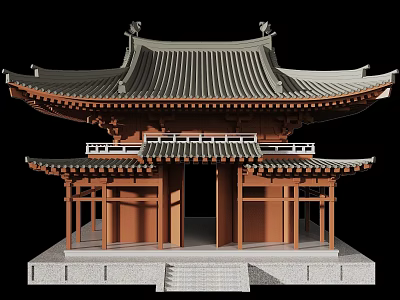 Traditional Chinese Ancient Architecture with wooden columns gray tiled roof and stone platform steps 3d model