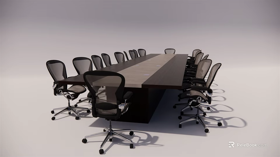Modern Office Conference Table With Long Wooden Top And Black Mesh Rolling Chairs 3d model 