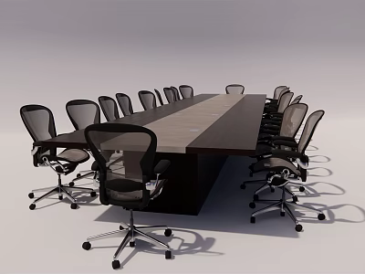 Modern Office Conference Table With Long Wooden Top And Black Mesh Rolling Chairs 3d model