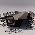 Modern Office Conference Table With Long Wooden Top And Black Mesh Rolling Chairs