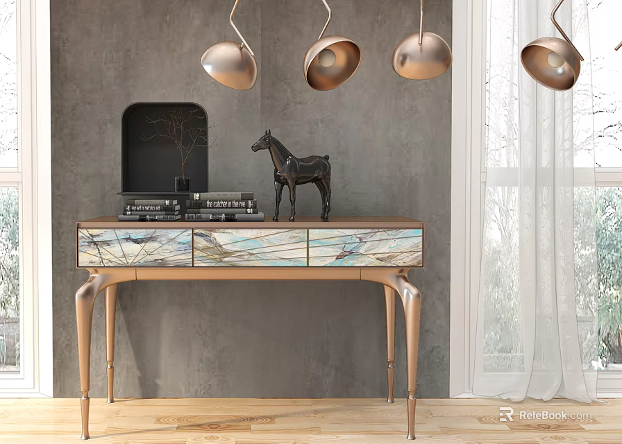 Elegant Modern Entryway Console Table With Metal Legs And Decorative Horse Figurine 3d model 