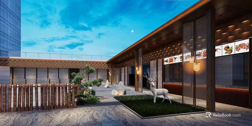 Modern Garden Landscape Courtyard With Lawn Deer Sculpture Green Plants And Stone Pavement 3d model 