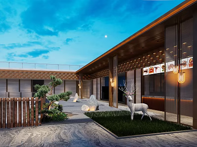 Modern Garden Landscape Courtyard With Lawn Deer Sculpture Green Plants And Stone Pavement 3d model