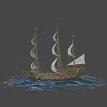 Medieval Naval Weaponry Mounted On Wooden Sailing Ship With White Sails Floating On Water