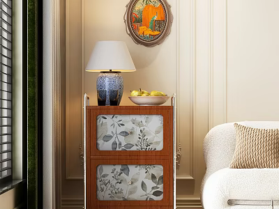 Elegant Entryway Console Cabinet With Wooden Frame Glass Panel Doors Table Lamp And Wall Art 3d model