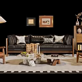 Modern Leather Sofa Coffee Table Set With Geometric Pillows Marble Top Armchairs And Wall Art