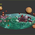 Cartoon Scene With Blue Water Waves Character On Purple Whale And Yellow Spheres