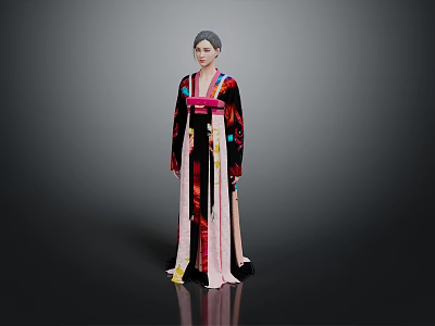 Traditional Hanbok Long Dress With Wide Sleeves Colorful Patterned Fabric And Pink Ribbon Belt 3d model