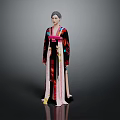 Traditional Hanbok Long Dress With Wide Sleeves Colorful Patterned Fabric And Pink Ribbon Belt