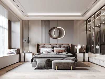 Modern Bedroom Interior With Large Bed Nightstands Circular Decor Wardrobe And Floor to Ceiling Window 3d model