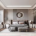 Modern Bedroom Interior With Large Bed Nightstands Circular Decor Wardrobe And Floor to Ceiling Window