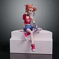 Game Movie Character With Orange Hair Red Shirt And Mechanical Arm Sitting On White Platform