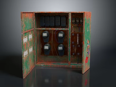 Rusted Old Electrical Distribution Box With Open Doors Switches And Meters 3d model