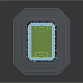 Football Stadium 3D Model Featuring Green Field And Blue Roof Seating Areas