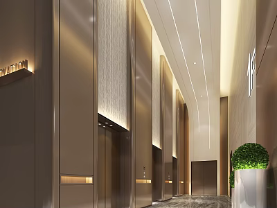 Modern Luxury Elevator Lobby Interior With Marble Walls And Green Plants 3d model