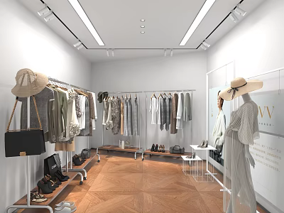 Modern Clothing Store Interior With Hanging Garments Mannequins Hats Bags And Shoes 3d model