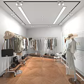 Modern Clothing Store Interior With Hanging Garments Mannequins Hats Bags And Shoes