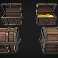 Vintage Wooden Storage Chests With Metal Bands And Open Lids Displaying Gold Coins Inside