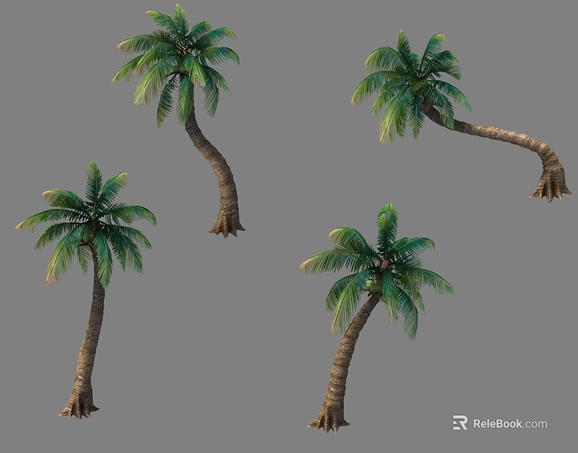 Multiple Palm Trees with Curved Trunks and Green Fronds Displayed on Gray Background 3d model 