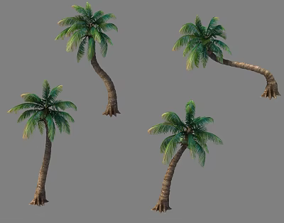 Multiple Palm Trees with Curved Trunks and Green Fronds Displayed on Gray Background 3d model