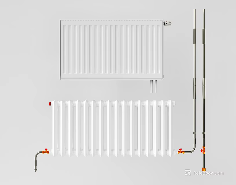 White Home Radiator With Vertical Heating Elements Connecting Pipes And Valve Fittings 3d model 