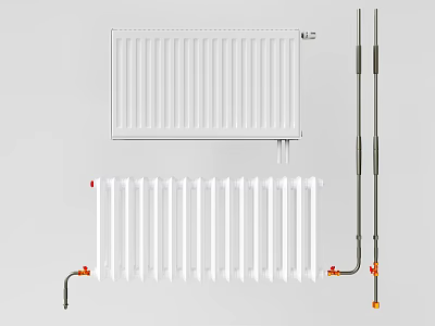 White Home Radiator With Vertical Heating Elements Connecting Pipes And Valve Fittings 3d model