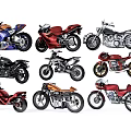 Various Stylish Motorcycles In Different Colors And Designs On