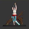 3D Female Character Model With Blue Horns Long Black Hair And Tree Root Base