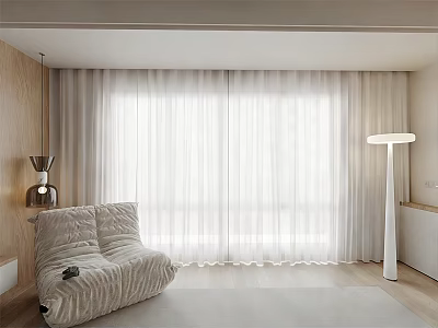 White Sheer Curtains in Modern Living Space with Cozy Sofa and Floor Lamp 3d model
