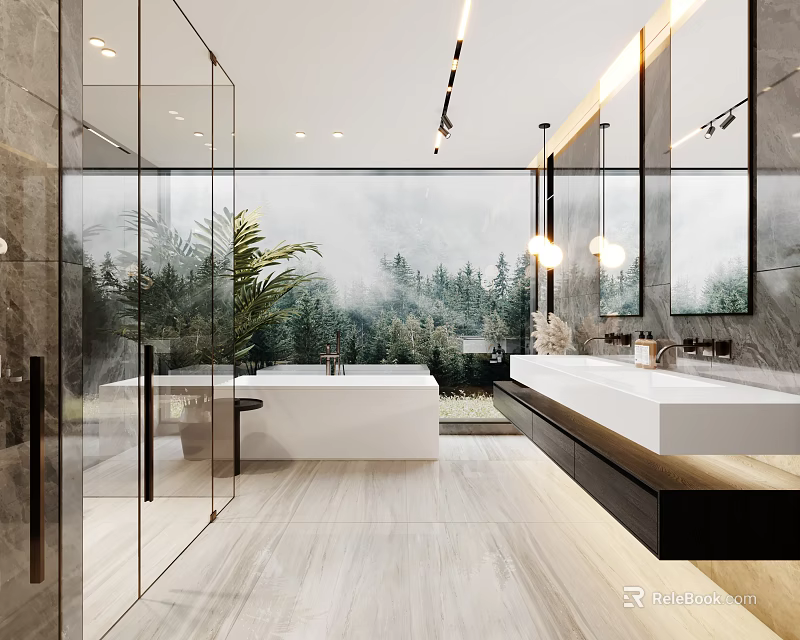 Modern Bathroom Interior Featuring Glass Shower Freestanding Bathtub Double Vanity And Forest View 3d model 
