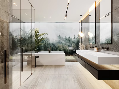 Modern Bathroom Interior Featuring Glass Shower Freestanding Bathtub Double Vanity And Forest View 3d model