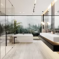 Modern Bathroom Interior Featuring Glass Shower Freestanding Bathtub Double Vanity And Forest View