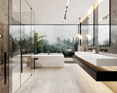 Modern Bathroom Interior Featuring Glass Shower Freestanding Bathtub Double Vanity And Forest View 3d model