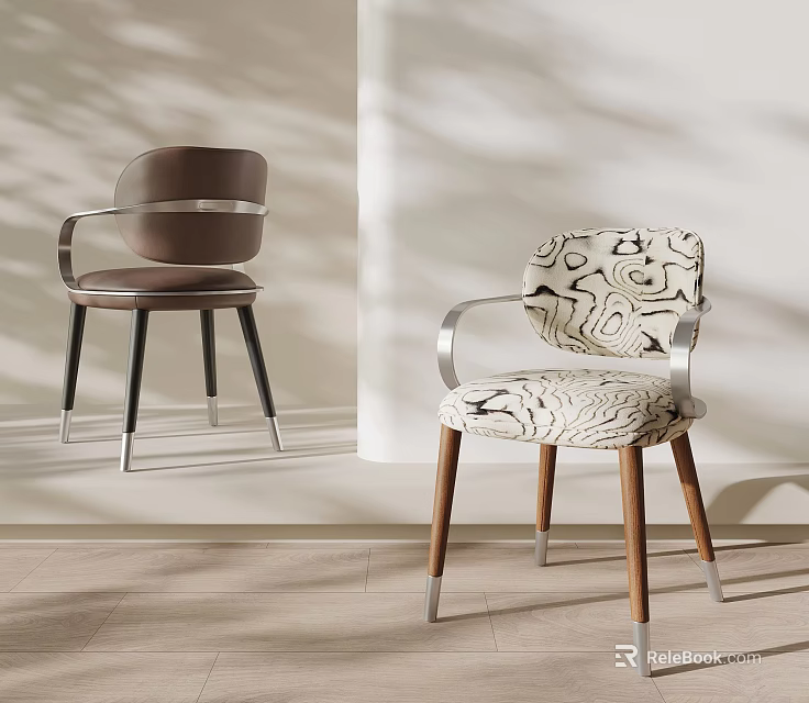 Modern Elegant Dining Chairs With Metal Armrests Wooden Legs And Patterned Seats 3d model 