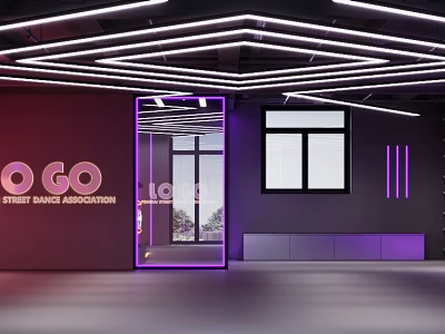 Modern Internet Cafe Interior With Neon Ceiling Lights Purple Lighting And Glass Door 3d model
