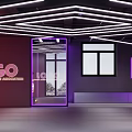 Modern Internet Cafe Interior With Neon Ceiling Lights Purple Lighting And Glass Door