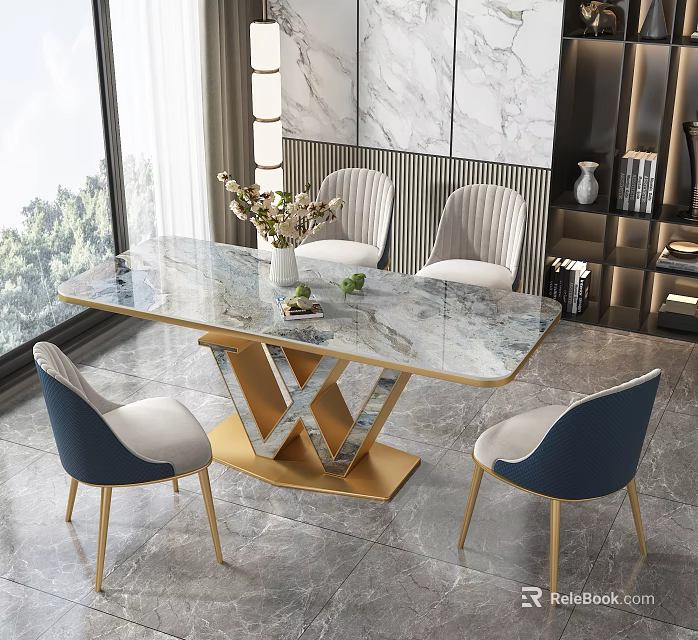 Modern Dining Table Set With Marble Top Gold Base And Blue Beige Chairs 3d model