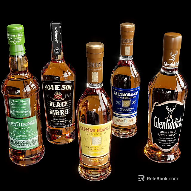 Whisky Bottles And Glasses Collection Featuring Glenfiddich GlenDronach And Jameson Brands 3d model 