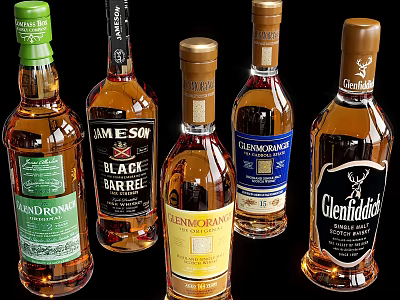 Whisky Bottles And Glasses Collection Featuring Glenfiddich GlenDronach And Jameson Brands 3d model
